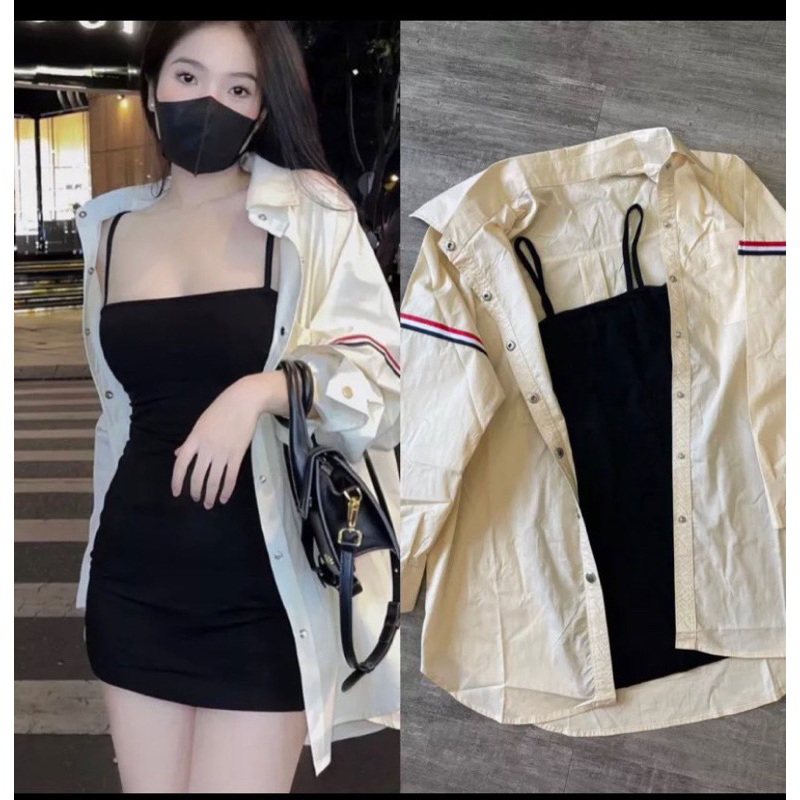 (Ảnh thật) Set áo sơ mi thô be kèm váy 2 dây