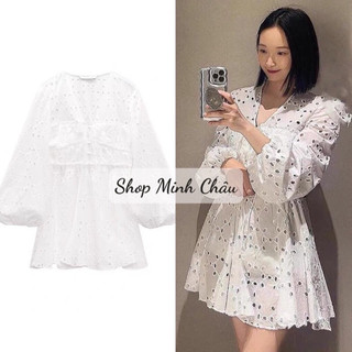 Váy mini thêu trắng xoè nhún ngực Zarraa