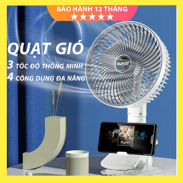 Quạt tích điện để bàn mini Super, quạt kẹp bàn, quạt cầm tay gấp gọn 3 tốc độ xoay 360 độ sạc USB, bảo hành 12 tháng