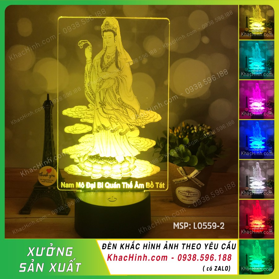 Đèn led Mẹ Quan Âm đứng trên mây, tranh điện thờ Phật khắc hình theo yêu cầu, khắc hình cá nhân,quà tặng sinh nhật