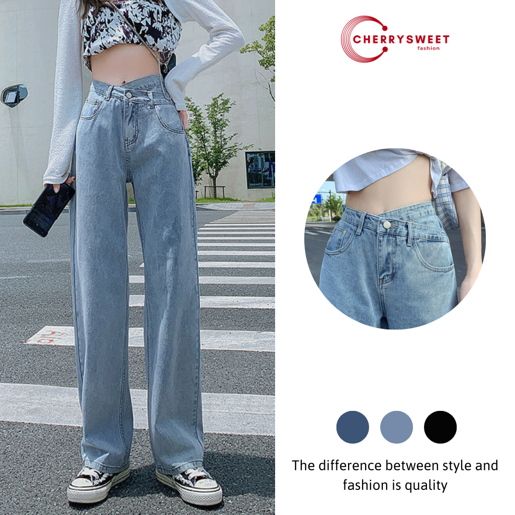 Quần jean nữ cạp chéo CHERRYSWEET lưng cao ống rộng cạp chéo dáng suông ulzzang chất vải bò dày dẹp dễ phối đồ T018