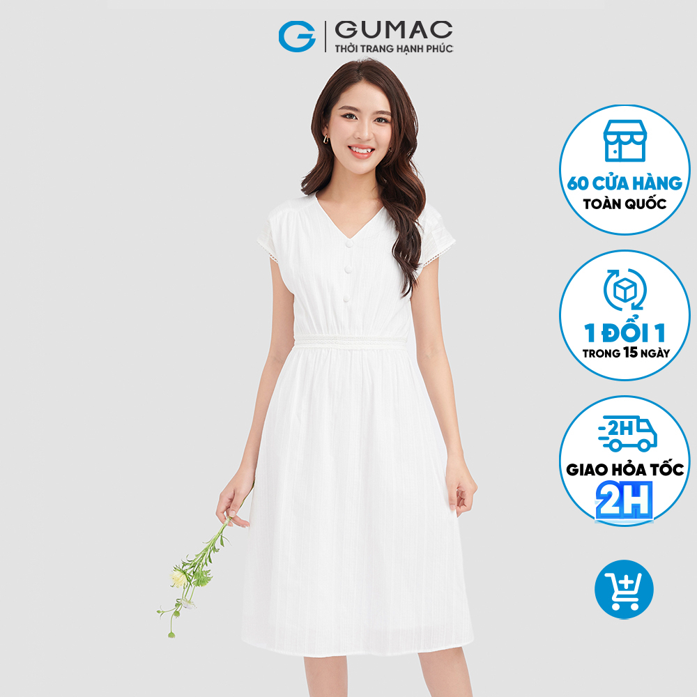 Đầm công sở nữ phối ren thời trang GUMAC màu trắng form suông DC09085