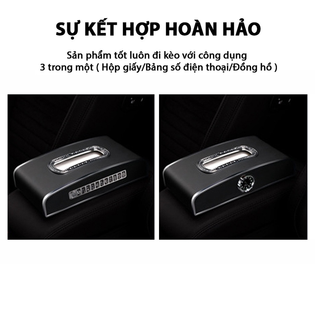 Hộp đựng giấy ăn trên xe ô tô đa năng - Đựng giấy ăn,xem giờ, và gắn được số điện thoại
