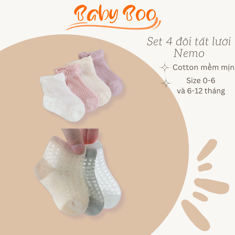 Set 4 đôi tất lưới Nemo size 0-3 và 3-12 tháng tuổi cho các bé,chất liệu cotton mềm mịn, thoáng mát Babyboo