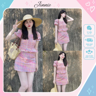 Set áo chân váy quảng châu, Set bộ áo kẻ cổ vuông tay bồng chun sau mix chân váy chữ A có lót quần