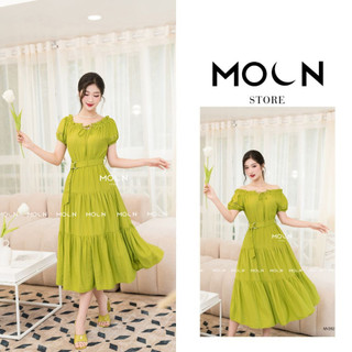 Đầm xòe tiểu thư thắt eo sang chảnh, váy dài nữ chất đũi cao cấp thiết kế trễ vai Moon MV252