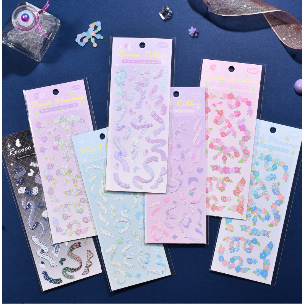 Sticker ruy băng Bộ miếng dán ruy băng lấp lánh hologram dễ thương xinh xắn phong cách hàn quốc bản in tinh xảo