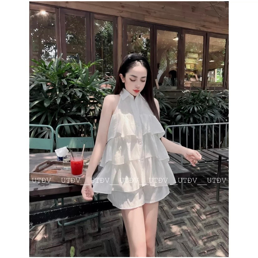 Set Bộ Đũi Gân Áo Sát Nách Cổ Sơ Mi 3 Tầng Bèo Mix Quần Sooc Đùi Freesize Bani