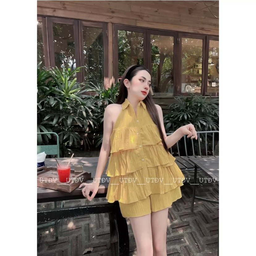 Set Bộ Đũi Gân Áo Sát Nách Cổ Sơ Mi 3 Tầng Bèo Mix Quần Sooc Đùi Freesize Bani