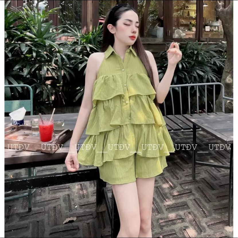 Set Bộ Đũi Gân Áo Sát Nách Cổ Sơ Mi 3 Tầng Bèo Mix Quần Sooc Đùi Freesize Bani