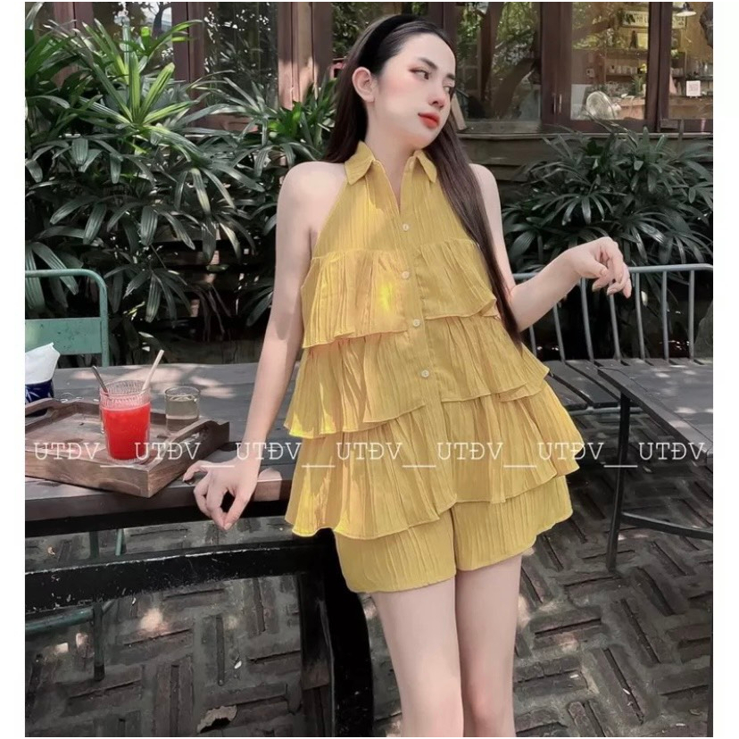 Set Bộ Đũi Gân Áo Sát Nách Cổ Sơ Mi 3 Tầng Bèo Mix Quần Sooc Đùi Freesize Bani