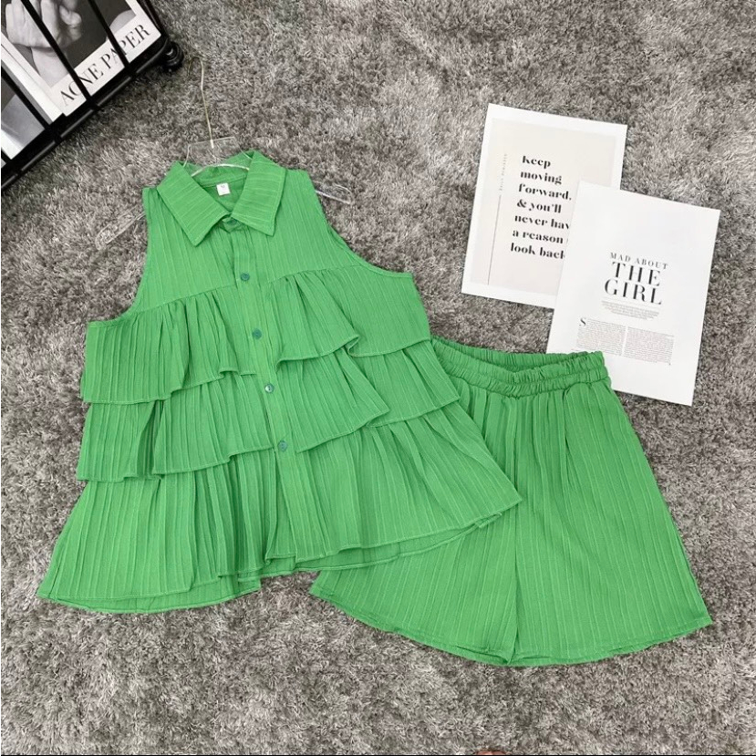 Set Bộ Đũi Gân Áo Sát Nách Cổ Sơ Mi 3 Tầng Bèo Mix Quần Sooc Đùi Freesize Bani