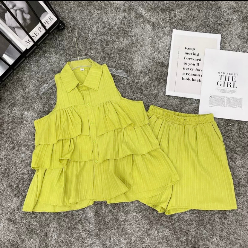 Set Bộ Đũi Gân Áo Sát Nách Cổ Sơ Mi 3 Tầng Bèo Mix Quần Sooc Đùi Freesize Bani