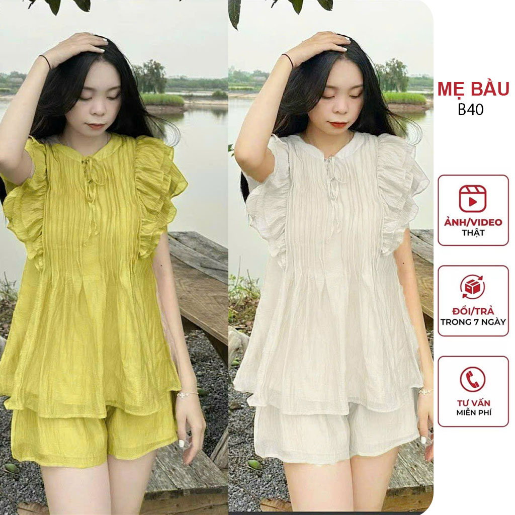 BỘ QUẦN ÁO CỘC BẦU MẶC NHÀ CHẤT TẰM NHĂN ĐẸP - QUẦN ÁO CHO BÀ BẦU MẶC TRƯỚC VÀ SAU SINH FREESIZE