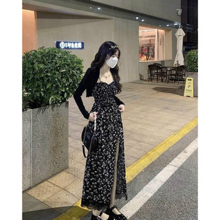 Đầm váy vintge 2 dây hoa nhí xẻ đùi phối ren kèm áo khoác ngoài tone màu black nữ tính dịu dàng, đi chơi dự tiệc xinhxắn