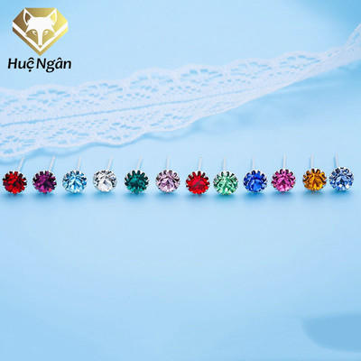Bông tai bạc Ý 925 Huệ Ngân - Hoa đá 4mm sắc màu 12 cung hoàng đạo ED0001