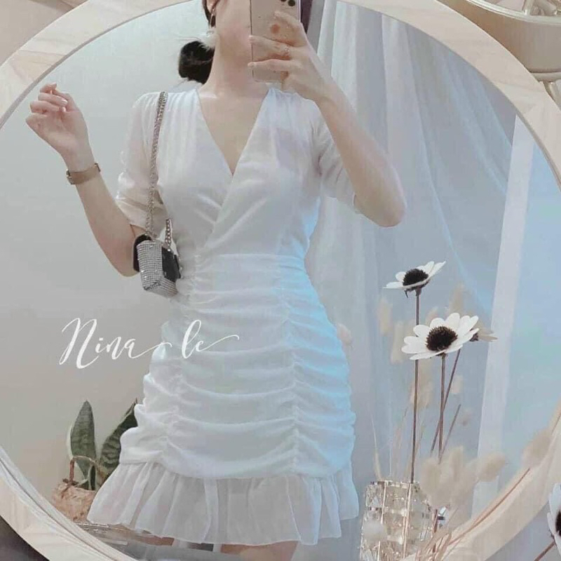 Đầm nhúng đuôi cá hai màu, Đầm đuôi cá kiểu xéo nhúng cổ vuôngđắp tay ngắn phồng 💕💕💕G9877