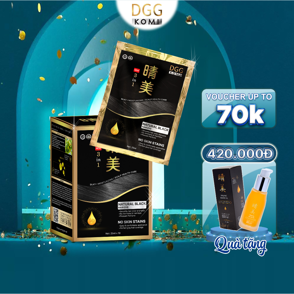 Dầu gội phủ bạc DGGKomi công nghệ Nhật Bản hộp 10 gói thành phần thực vật thiên nhiên an toàn thân thiện với da đầu