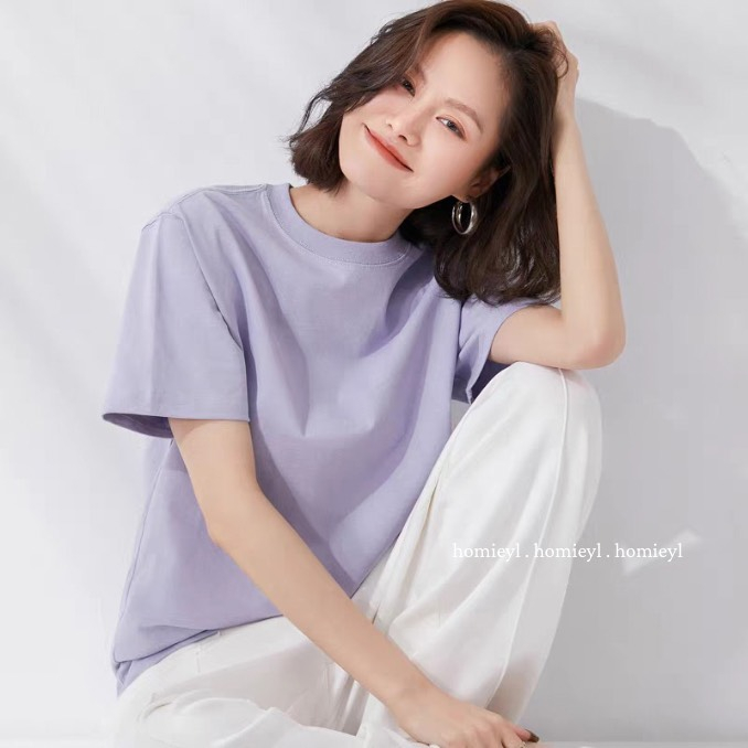 Áo phông nữ trơn cổ tròn tay ngắn dáng suông màu tím trắng đen form vừa basic Homieyl cotton, áo thun ôm nữ cộc tay