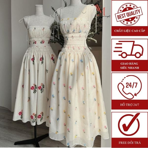 YM Concept Đầm 2 Dây Cột Nơ Họa Tiết Hoa Thêu Phong Cách Quyến Rũ - D0758 | BigBuy360 - bigbuy360.vn
