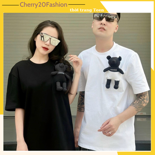 Áo thun hình gấu đính ngực cực đẹp, áo thun cặp đôi nam nữ form dáng rộng, áo phông chất cotton đẹp