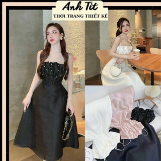 Váy Đầm Thiết Kế Hai Dây Midi Chất Tafta Đính Ngọc Hàng Hai Lớp, Đầm Dự Tiệc Hai Dây Xếp Ly Ngực Chiết Eo Ba Màu - A.T.B