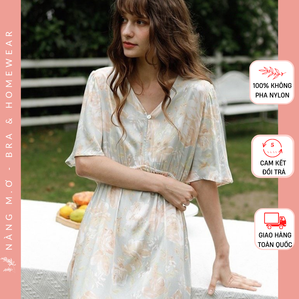 Váy ngủ mặc nhà nữ dáng dài siêu mềm mát viscose tự nhiên cao cấp cổ V eo chun họa tiết dễ thương