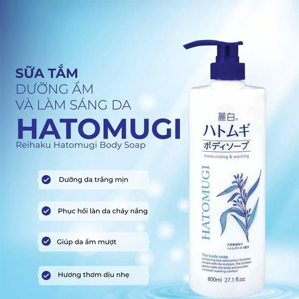 Ữa tắm dưỡng ẩm trắng da Hatomugi Moisturizing Washing 800ml