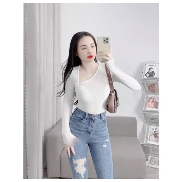Áo nhũ cổ chéo khoét sâu tay dài ôm body chất cogiãn lyie
