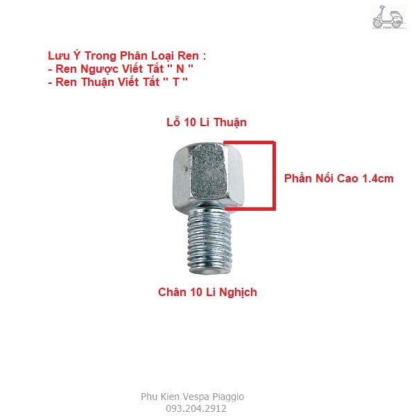 Ốc Nối Chân Gương Xe Máy 8Li 10Li Ren Thuận Nghịch