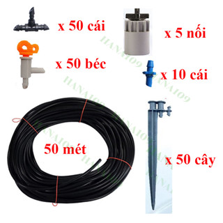 Bộ tưới nhỏ giọt đơn giản tại nhà 50 béc, 50 mét ống, 50 cây cắm béc, 50 T 4 ly, 5 nối 21 xuống 5 ly, 10 khởi thủy