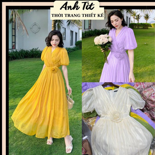 Đầm Maxi Dáng Dài Tay Bồng Cổ Chéo Chữ V Phối Hoa, Đầm Váy Nữ Maxi Voan Hai Lớp Bốn Màu Đi Biển Đi Chơi Chất Dày Dặn