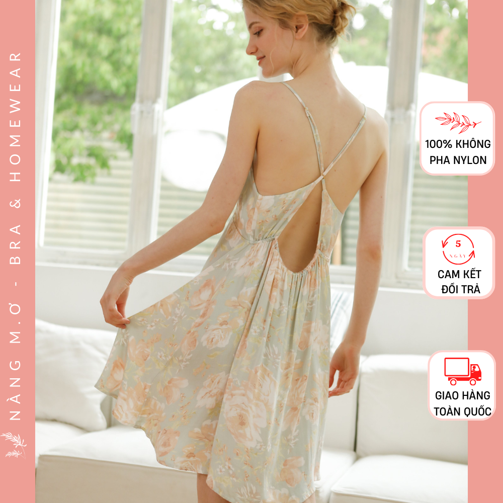 Váy ngủ mặc nhà nữ 2 dây mềm mại viscose tự nhiên cao cấp lưng chéo họa tiết hoa hồng vintage siêu xinh