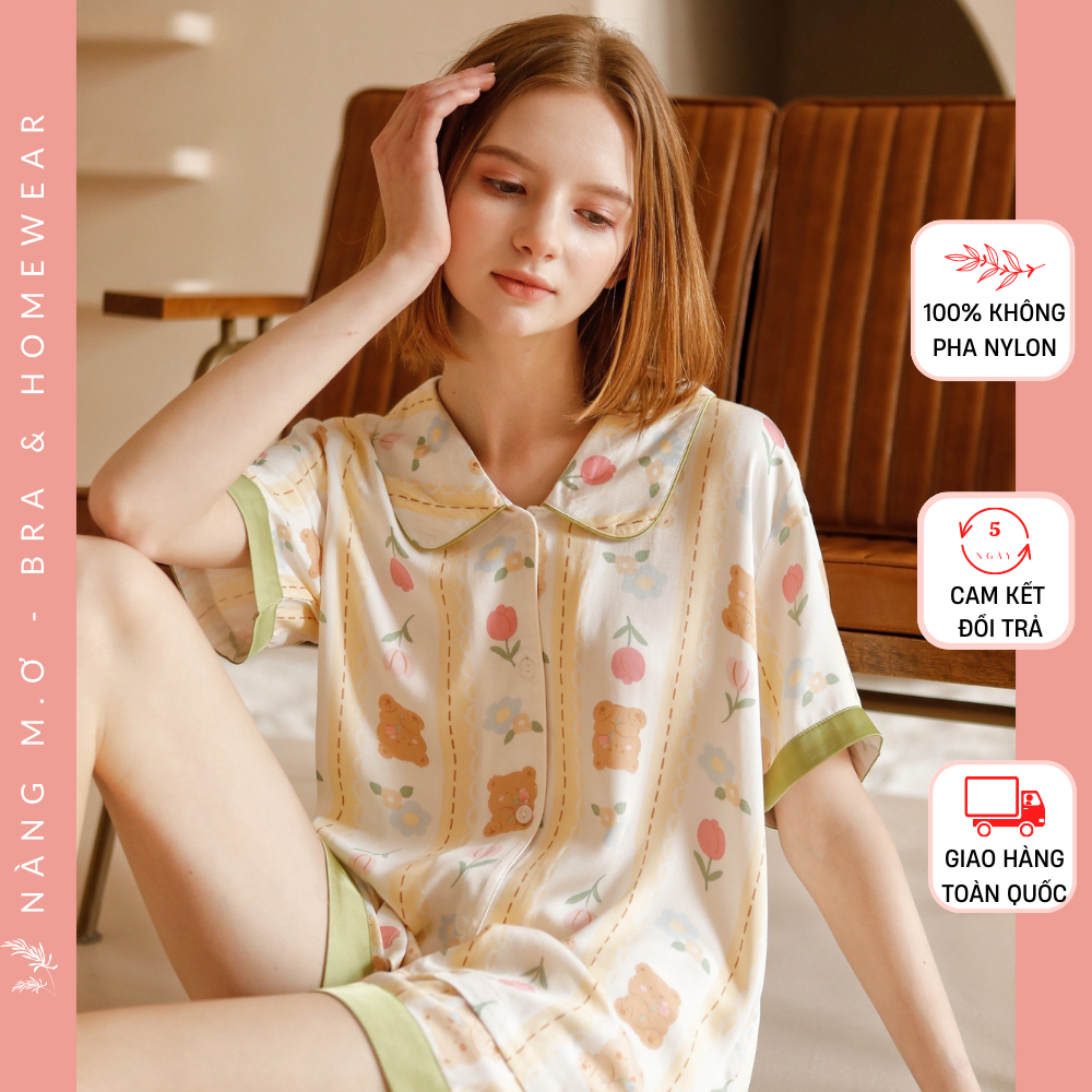 Bộ đồ mặc nhà pyjamas dáng ngắn mềm mát viscose tự nhiên cao cấp họa tiết Bear dễ thương