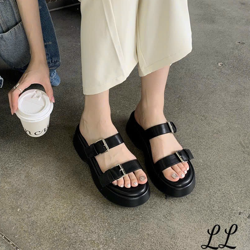 Dép Nữ Da Hai Quai Ngang Khóa Đế Dày Bánh Mì Cao Cấp Qc Cao 5 Phân Êm Chân Tôn Dáng TL276