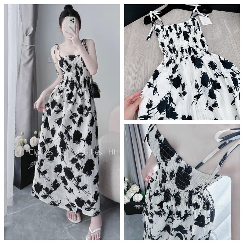 Váy maxi hoa 2 dây chun ngực siêu xinh Vải hoa xốp gân QC chuẩn mẫu mặc , chạy chun quanh ôm dáng, dây sang chảnh_SB117