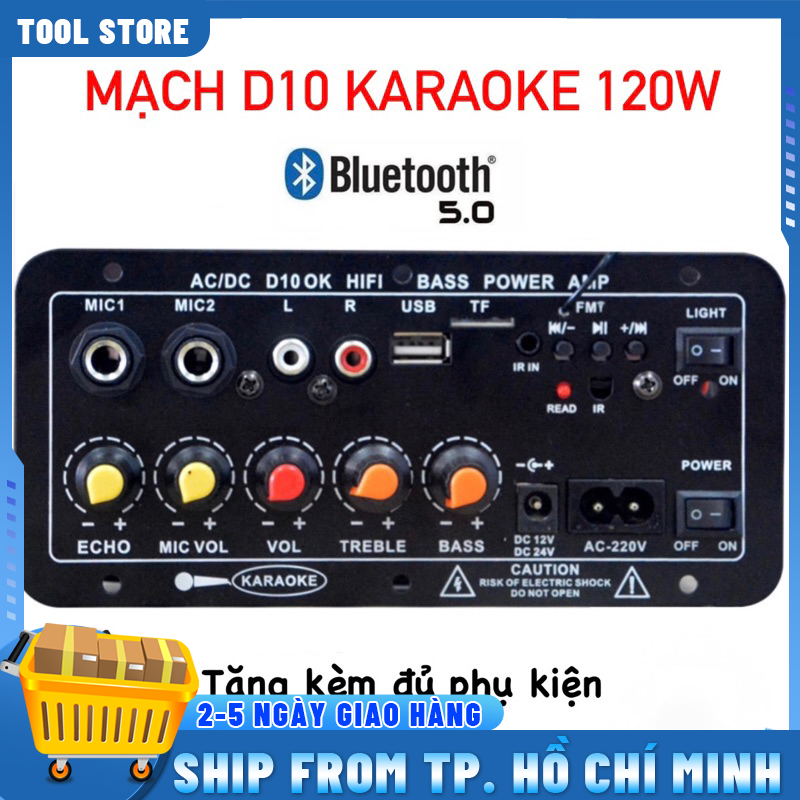 Mạch loa D10 Bluetooth 5.0 hát Karaoke công suất lớn 120w, 12V/24V/220V lắp loa kéo, chế loa (Tặng kèm đủ phụ kiện)