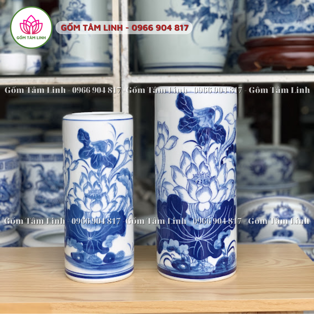 Ống hương, ống đựng hương men xanh trắng Bát Tràng vẻ hoa sen cao cấp