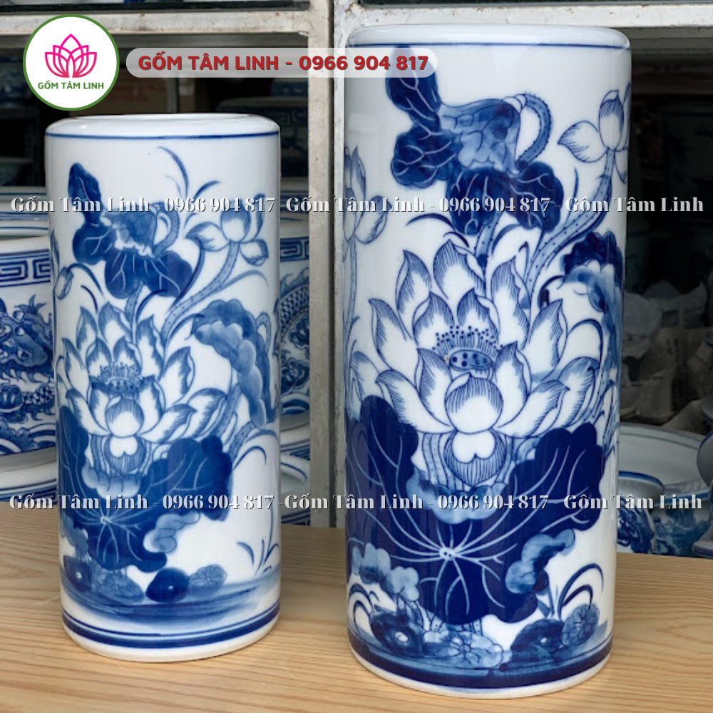 Ống hương, ống đựng hương men xanh trắng Bát Tràng vẻ hoa sen cao cấp