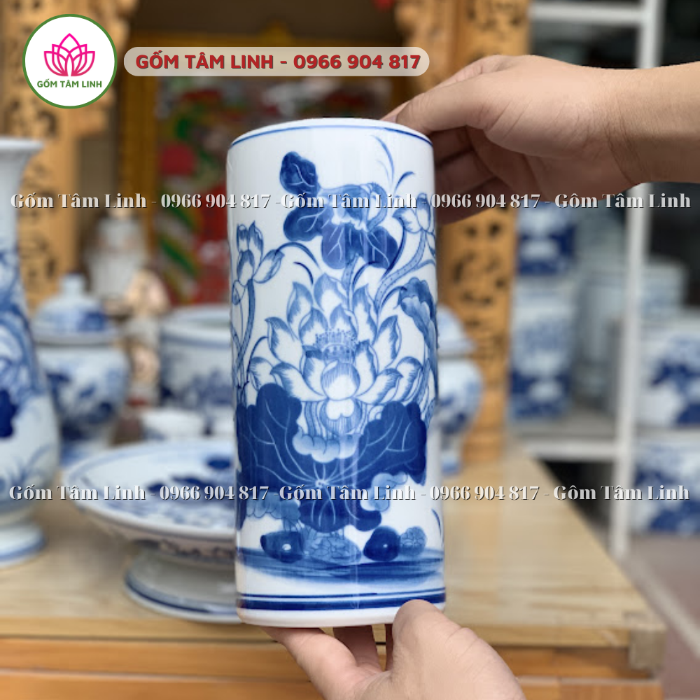 Ống hương, ống đựng hương men xanh trắng Bát Tràng vẻ hoa sen cao cấp
