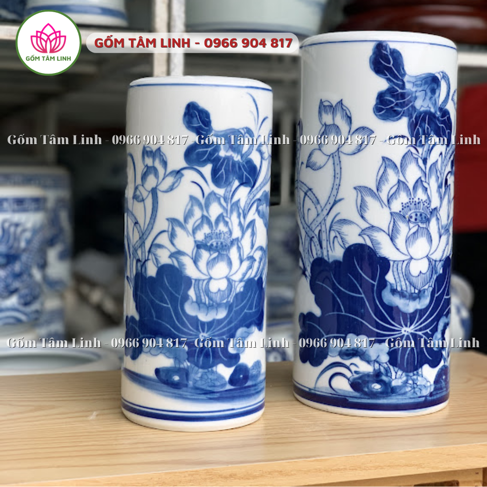 Ống hương, ống đựng hương men xanh trắng Bát Tràng vẻ hoa sen cao cấp