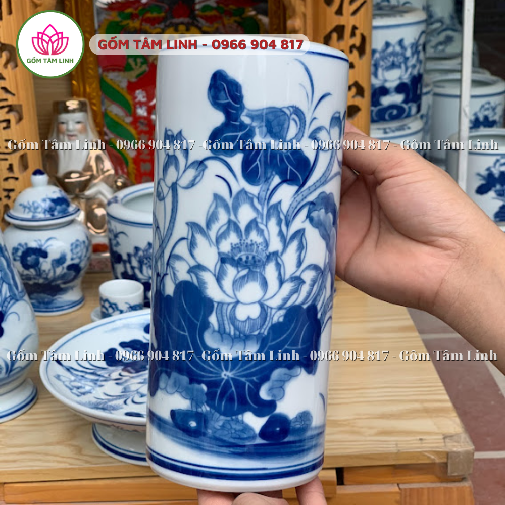 Ống hương, ống đựng hương men xanh trắng Bát Tràng vẻ hoa sen cao cấp