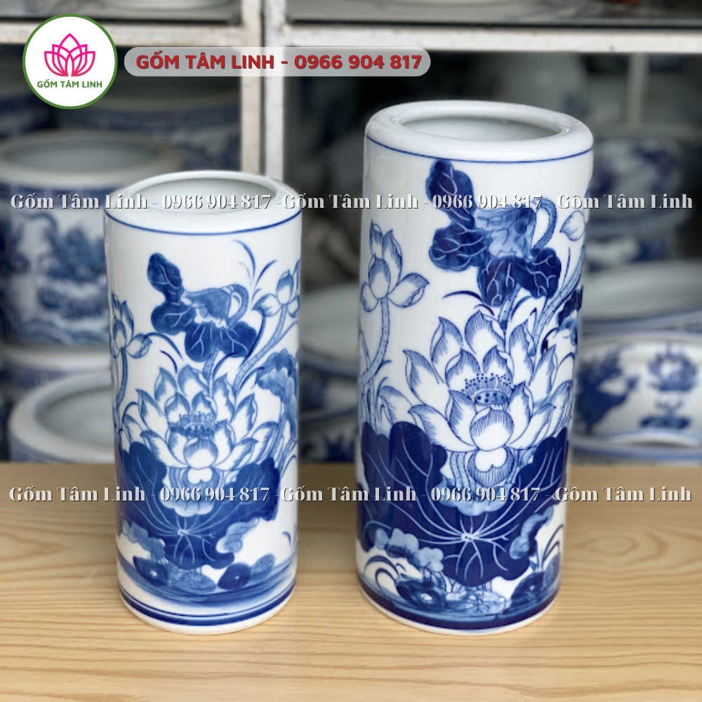 Ống hương, ống đựng hương men xanh trắng Bát Tràng vẻ hoa sen cao cấp