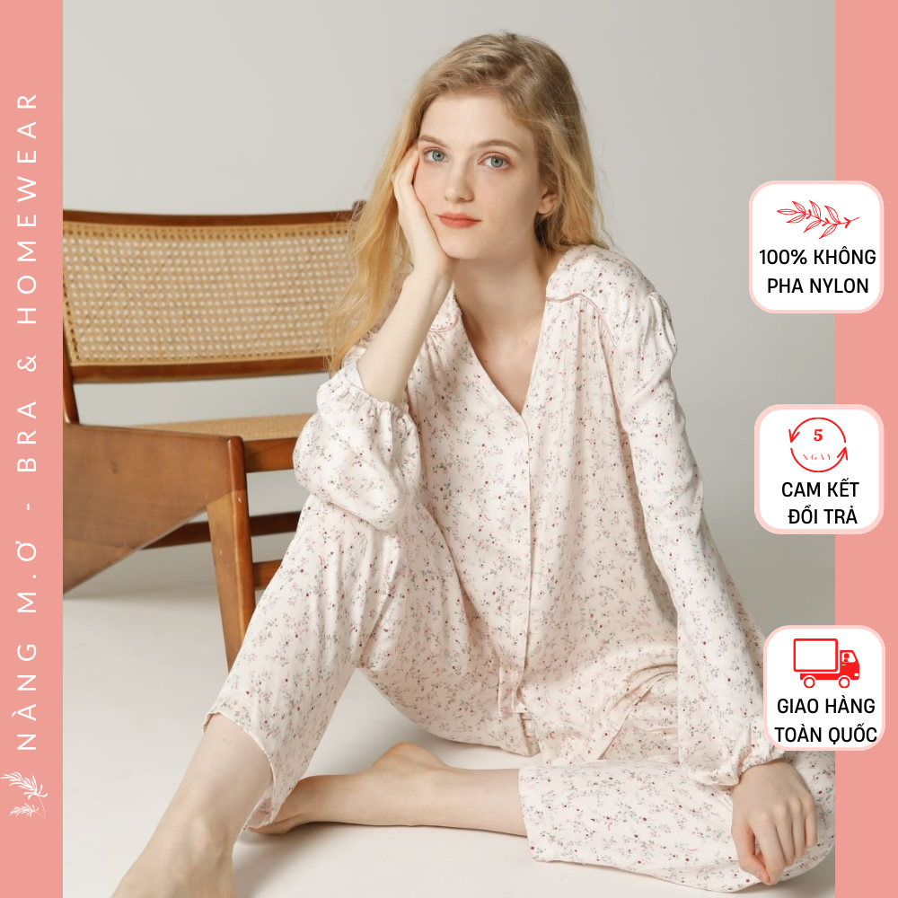 Bộ đồ mặc nhà nữ pyjamas dài tay mềm mát viscose tự nhiên cao cấp bo tay cổ V hoa nhí siêu xinh