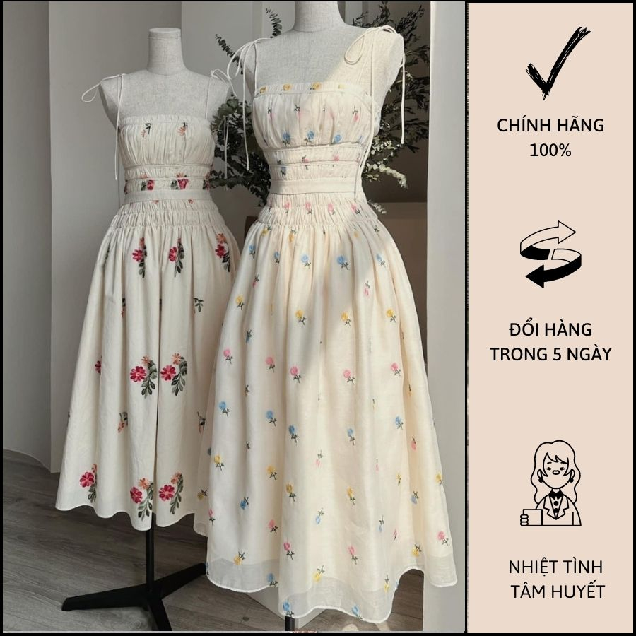 Đầm 2 Dây Cột Nơ Họa Tiết Hoa Thêu Phong Cách Tiểu Thư Sang Trọng Tôn Dáng - C0758