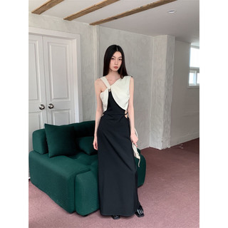 đầm dài lệch vai phối màu bất đối xứng