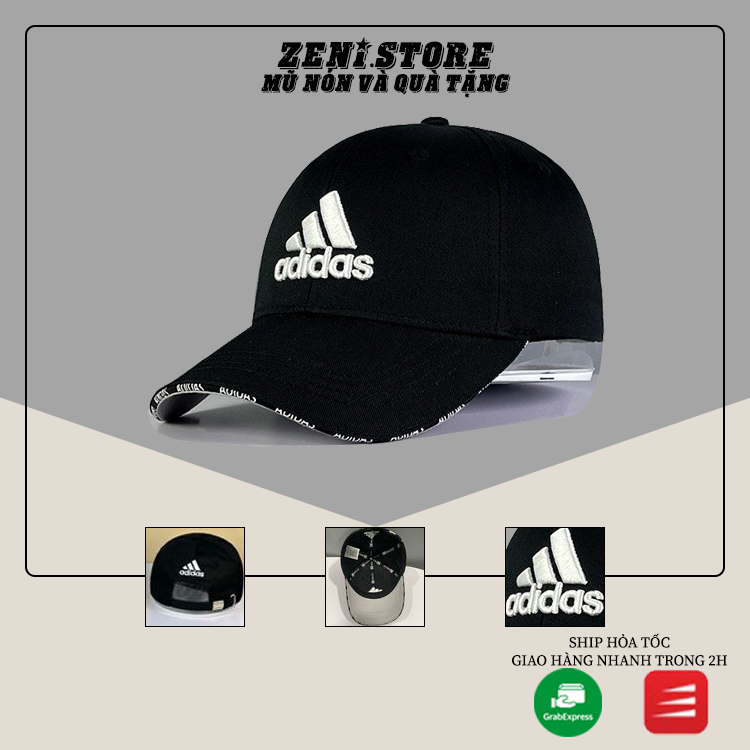 Nón kết, Mũ lưỡi trai đen thêu logo Adidas lưỡi viền siêu HOT, Full hộp.
