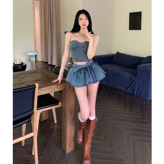 JB007 Croptop jeans cúp ngực Wonder Woman váy xếp ly chân bồng xòe Denim 2 dây Sẵn IB Giảm 30K