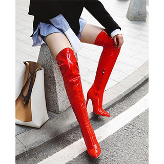 Giày boot nữ cổ cao Da bóng/ Boot đùi mũi nhọn gót nhọn màu đỏ, trắng, đen BNCC8