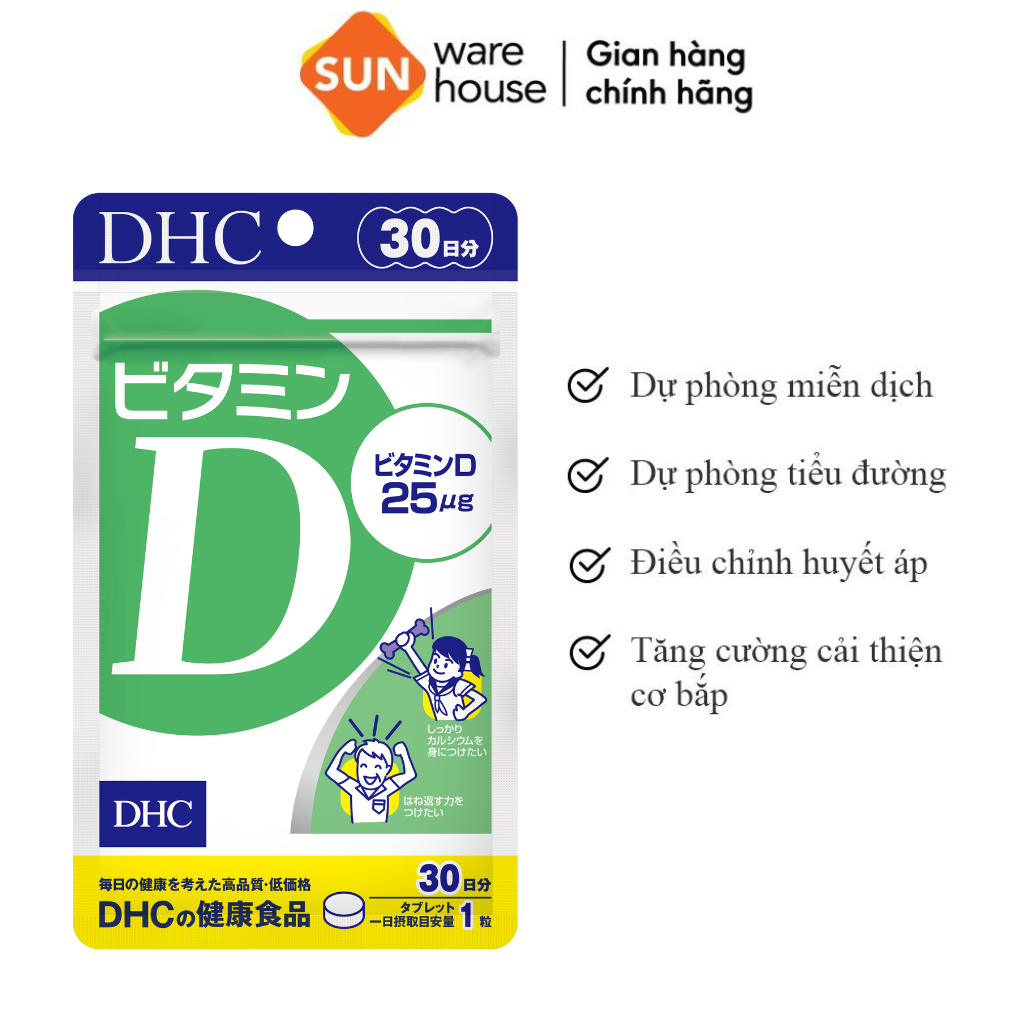 Viên Uống DHC Vitamin D Bổ Sung Vitamin D3 Hỗ Trợ Tăng Cường Hấp Thụ Canxi, Giúp Xương Dẻo Dai Chắc Khoẻ Gói 30v